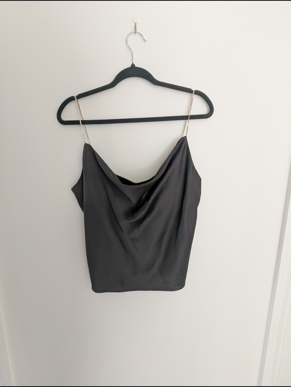 House of Harlow 1960 Black Satin Cowl Neck Camisole with Rhinestone Straps
